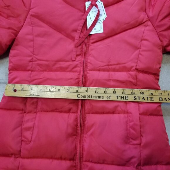 ✅Hooded Red Puffer Jacket Knee Length Zip Up Winter Coat Women's M *SEAM SPLIT* - Picture 7 of 16